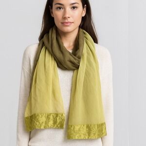 Vintage Peggy Jennings Two Tone Olive Green Embroidered Silk Sheer Scarf Shawl